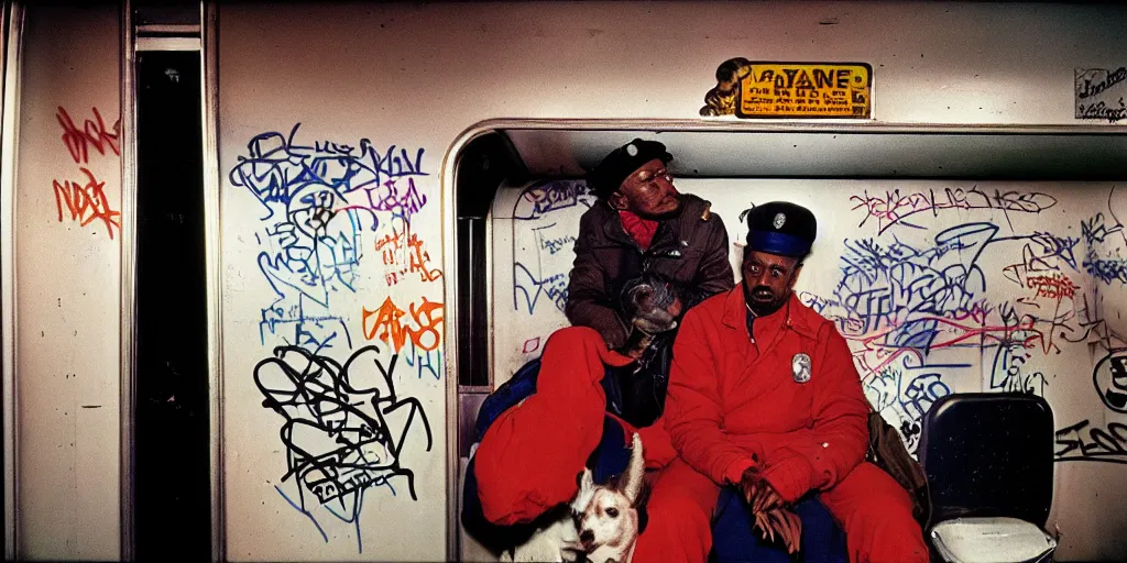 Prompt: new york subway cabin 1 9 8 0 s inside all in graffiti, policeman with the dog closeup, black guy in a red beret, coloured film photography, christopher morris photography, bruce davidson photography