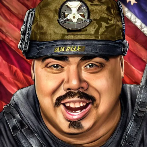 Image similar to Gabriel Iglesias as a navy SEAL, high resolution fantasy concept art, intricate details, realistic, soft lighting