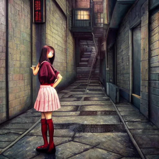 Image similar to a perfect, very detailed, realistic professional oil painting of a Japanese schoolgirl posing in a dystopian alleyway, style of Marvel, full length, by a professional American senior artist on ArtStation, a high-quality hollywood-style concept