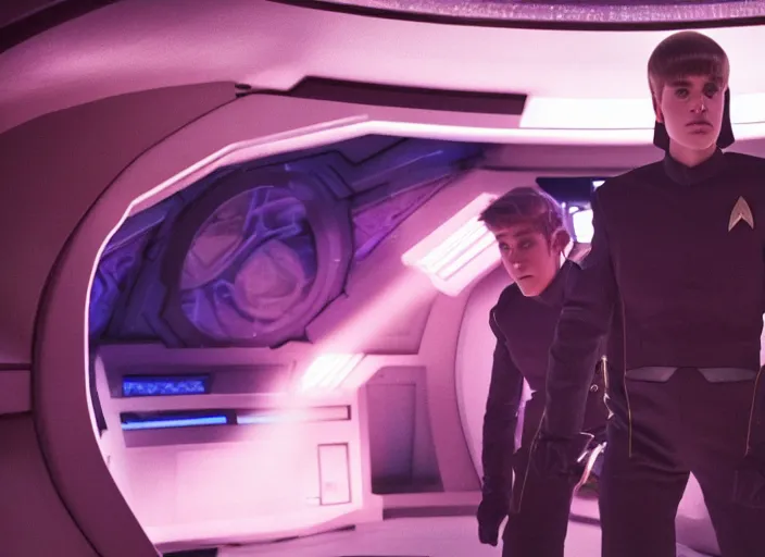 Image similar to Justin Bieber plays as captain in Star Trek Discovery, engine room and warp core in the background, 35mm photography, highly detailed, cinematic lighting, 4k