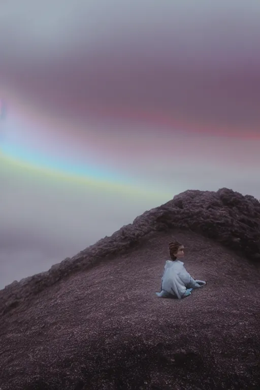 Image similar to high quality pastel coloured film close up wide angle photograph of a model wearing clothing resting on cloud furniture in a icelandic black rock!! environment in a partially haze filled dreamstate world. three point light, rainbow. photographic production. art directed. pastel colours. volumetric clouds. pastel gradient overlay. waves glitch artefacts. extreme facial clarity. 8 k. filmic.