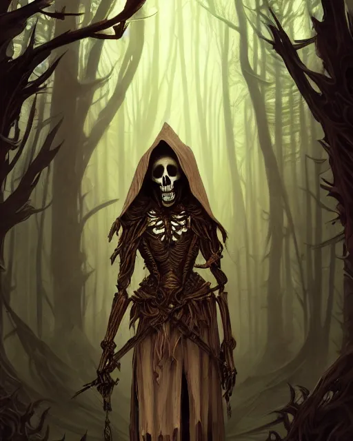 Prompt: Portrait of a skeleton mage wearing hood, dark fantasy, deep forest on background, intricate, elegant, highly detailed, digital painting, artstation, concept art, smooth, sharp focus, illustration, art by Sam Youn and Fernanda Suarez and Artem Demura and alphonse mucha