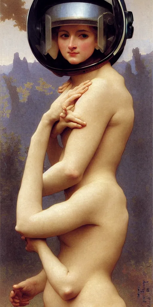 Image similar to portrait of a woman in astronaut helmets an ancient human species, by bouguereau