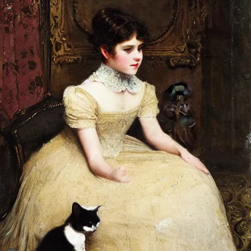 Prompt: young victorian lady in ball gown petting a cat, painted by alfred stevens