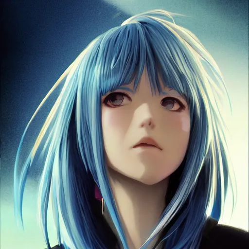 Image similar to profile shot of rimuru tempest, sky blue, straight hair, long bangs, amber eyes, wearing a black jacket with white stripes, high collar, highly detailed, unreal engine 5, digital painting, cinematic, wlop | artgerm, pixiv, yoshitaka amano, greg rutkowski, ilya kuvshinov, andy warhol