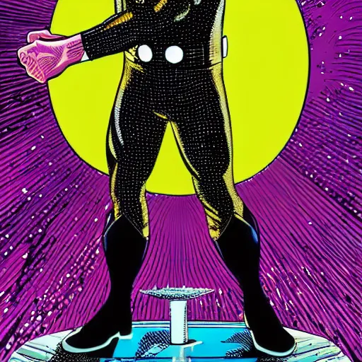 Image similar to dynamic macro full body portrait of sebastian stan super hero in a black sequined jacket by john romita sr and cory walker and ryan ottley and jack kirby and barry windsor - smith, comic, illustration, photo real