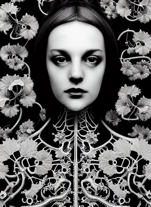 Image similar to monochrome profile portrait painting, dutch masters, silver lace floral steampunk biomechanical beautiful one techno eye young female cyborg, big monocular, volumetric light, leaves foliage and stems, hibiscus flowers, alexander mcqueen, rim light, big gothic fashion pearl embroidered collar, 8 k