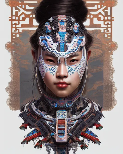 Image similar to portrait of a machine from horizon zero dawn, machine face, upper body, decorated with chinese opera motifs, asian, traditional chinese art, intricate, elegant, highly detailed, digital painting, artstation, concept art, smooth, sharp focus, illustration, art by artgerm and greg rutkowski and alphonse mucha, 8 k