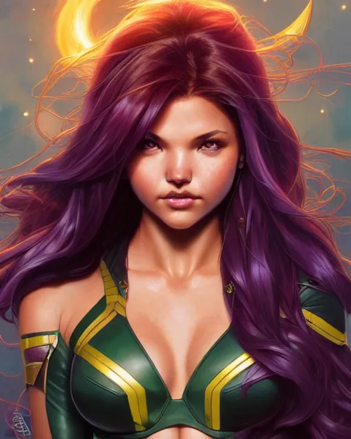 Image similar to ultra realistic illustration, danielle campbell as starfire anime, intricate, elegant, highly detailed, digital painting, artstation, concept art, smooth, sharp focus, illustration, art by artgerm and greg rutkowski and alphonse mucha and wlop