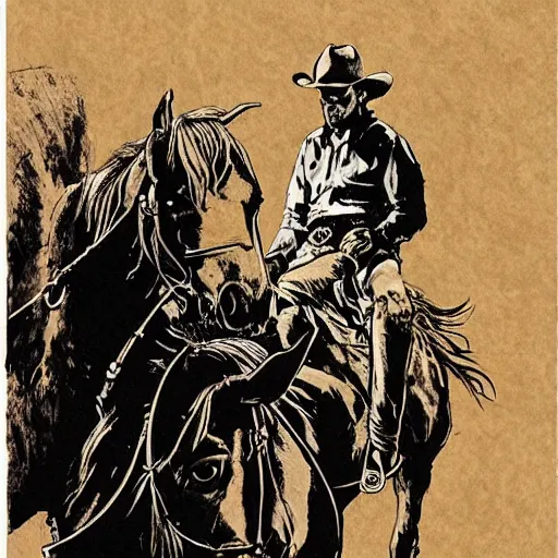 Image similar to a portrait of a cowboy and his horse, by sergio toppi