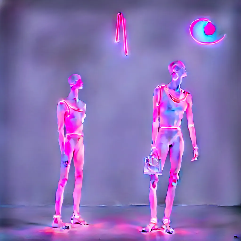 Image similar to beautiful marble sculpture of a mannequin by billelis + lit with 3 d geometric neon + moon in background!, facing a doorway opening with neon pink geometric light + hosta flowers!!, award winning, clean linework, dramatic, finely detailed, 4 k, trending on artstation, photorealistic, volumetric lighting, octane render