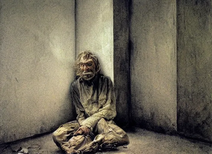 Image similar to shabby but smart faced homeless man in a dirt floored cell chained to a wall, talking questioningly, painting by andrew wyeth and alan lee, very detailed, somber mood,