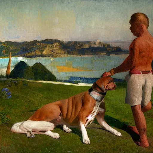 Prompt: summer hyperrealistic photorealistic land crystal boxer dog zinc burgundy baluster, by sandro botticelli and odilon redon and greg rutkowski, 8 k, storybook illustration, impressionism