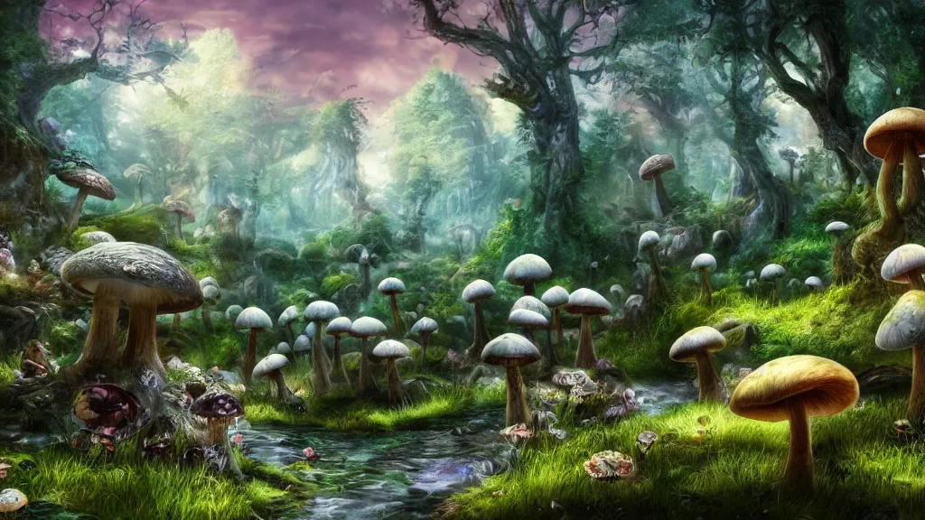 Prompt: mushroom forest, fantasy artwork, very very very beautiful scenery, hd, hdr, ue5, ue6, unreal engine 5, cinematic 4k wallpaper, 8k, ultra detailed, high resolution, artstation, award winning