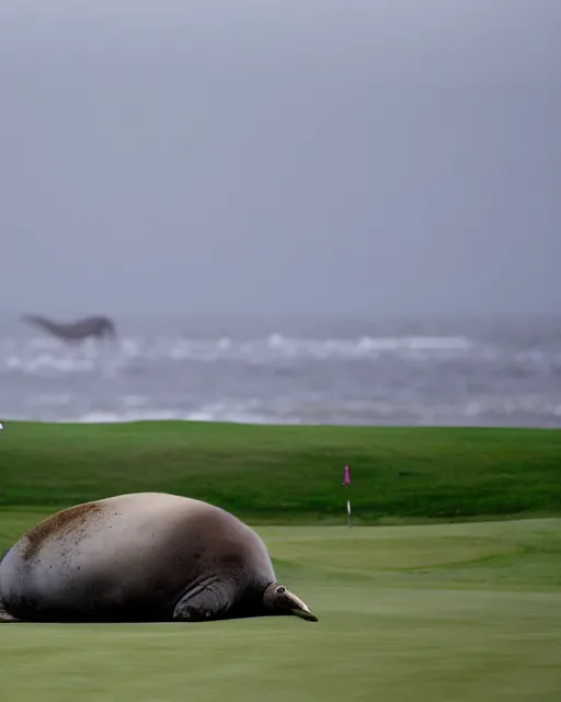 Image similar to A large adult male Elephant seal rearing up, blocking a golfer from the hole on a golf course green, photographed in the style of National Geographic photographer Paul Nicklen, Hyperreal