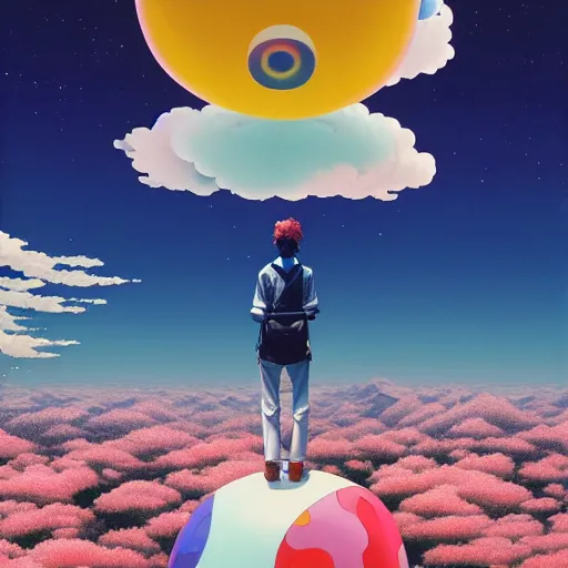 Image similar to a man walking on clouds away from the camera above kyoto by takashi murakami, beeple and james jean, aya takano color style, 4 k, super detailed, modern, 4 k, symmetrical