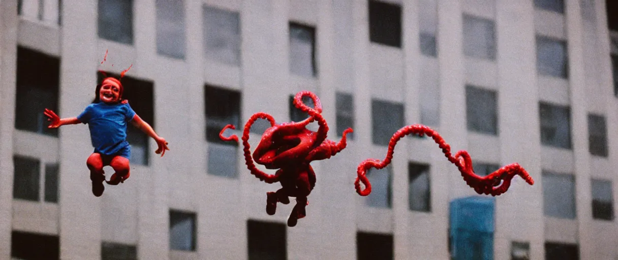 Image similar to filmic extreme close up shot 3 5 mm film color photograph of a family jumping bloody pants off a building laughing with tentacle arms happy, only color results