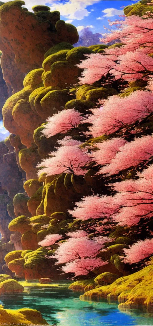 Image similar to ghibli illustrated background of a strikingly beautiful landform with strange rock formations and red water and cherry blossoms by vasily polenov, eugene von guerard, ivan shishkin, albert edelfelt, john singer sargent, albert bierstadt 4 k