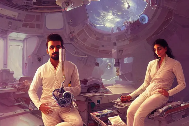 Image similar to Sensual good looking pale young Indian doctors wearing jeans in a space station above Earth performing surgery, portrait, elegant, intricate, digital painting, artstation, concept art, smooth, sharp focus, illustration, art by artgerm and greg rutkowski and alphonse mucha