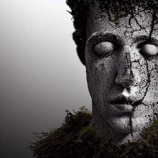 Image similar to Award-winning photograph by Mar Mann. The photo depicts a decaying roman bust of Mark Zuckerberg overgrown with moss at the bottom of the sea in the middle of ruins of civilization. Minimalism, high definition, perfect composition. Deep sea picture. Very dark. Volumetric Lighting. Fish. Darkness. Ruins