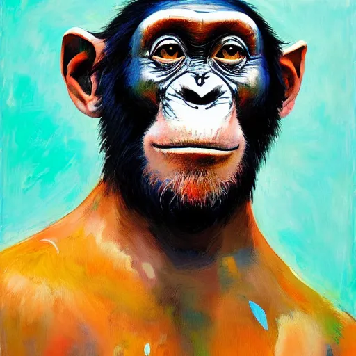 Prompt: painting of a chimpanzee in the style of disco elysium, expressionism, artstation, trending, by aleksander rostov, jenny saville, rembrandt, alex kanevsky, wassily kandinsky, dave mckean, yoshitaka amano