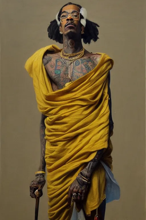 Image similar to full body portrait of wiz khalifa as mahatma gandhi, oil on canvas by william sidney mount, hindu art, great soul, black and yellow, trending on artstation