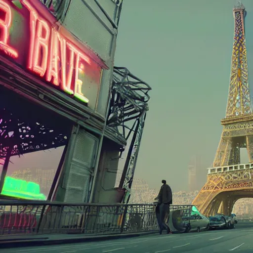Prompt: A beautiful intricate 8K award-winning ground-level cinematic movie photograph of the future destroyed and decaying Eiffel Tower, surrounded by neon and collapsing corporate video billboard displays. in the year 2050, by Bruno Delbonnel and greg rutkowski. octane render, Arri Alexa 65. Cinematic lighting