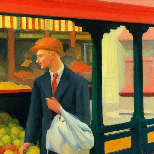 Image similar to a detailed painting, blonde man at a market, edward hopper,