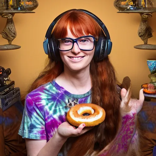 Prompt: a stunning hyper-detailed portrait photo of a beautiful smiling bespectacled woman with long auburn hair and bangs, wearing a tie-dye t-shirt, wearing steampunk headphones and posing with her raccoons and parrots in an overstuffed easy chair in her sunlit living room, holding a coffee cup and a donut and smoking an elaborate hookah, perfect eyes, octane render, unreal engine, 85 mm lens,