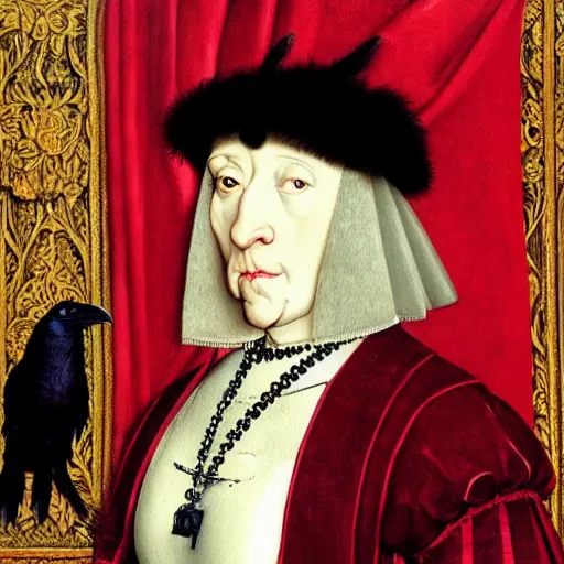 Image similar to a highly detailed painting of a raven, dressed in elegant tudor clothes, inside a room with thick red tapestries, by hans holbein