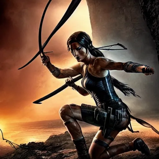 Prompt: Gal Gadot as Tomb Raider aiming a bow. Girl power. Movie poster art.