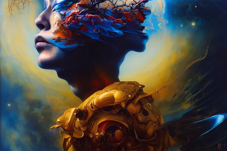 Prompt: a boy hovering in the air, extraterrestrials reach for him, rich colours, Ayami Kojima, Karol Bak, Greg Hildebrandt, hauntingly surreal, highly detailed painting, part by Adrian Ghenie, part by Gerhard Richter, Soft light 4K,