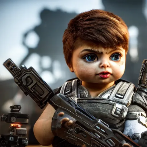 Prompt: a videogame still of lil bub in Gears of War, 40mm lens, shallow depth of field, split lighting