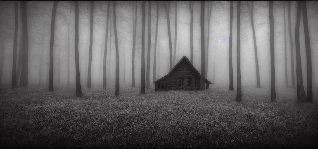 Prompt: cabin in wood, no tress, black wolf guarding, fog, pinhole analogue photo quality, monochrome, blur, unfocus, cinematic, 35mm