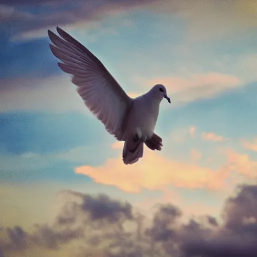 Prompt: close - up realistic shot radiant white dove flying over clouds sunset ethereal vintage photograph film grain surreal awe - inspiring