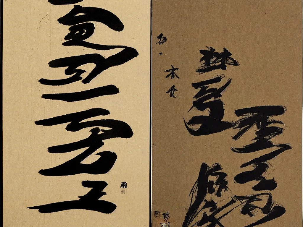 Prompt: traditional Japanese ink painting, Japanese calligraphy on woodblock