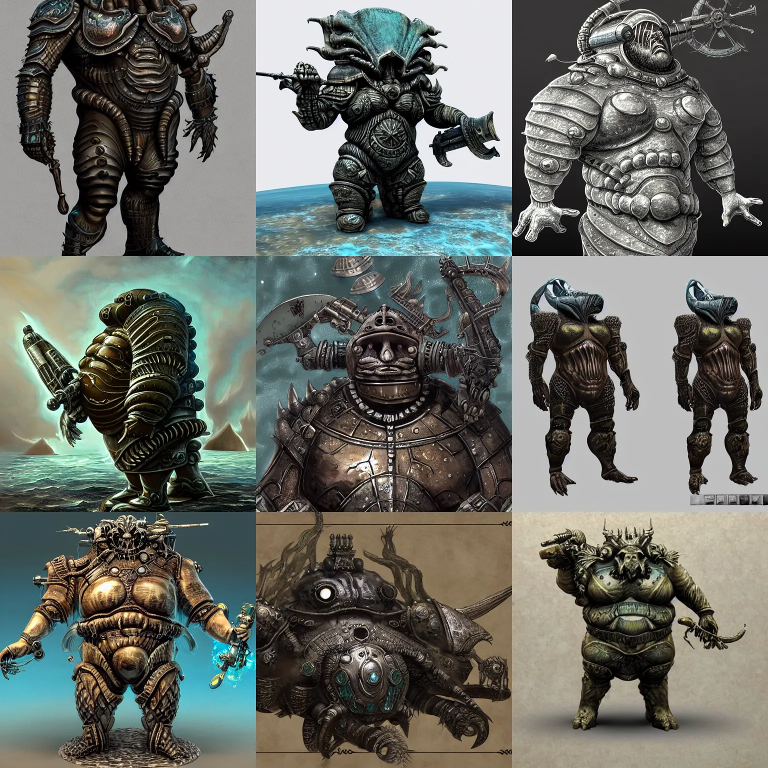 Prompt: fat poseidon in ancient alien ocean sci-fi bathyscaphe armor, in the style of giger, stylized, highly detailed, trending on artstation, award winning, painted warhammer miniature