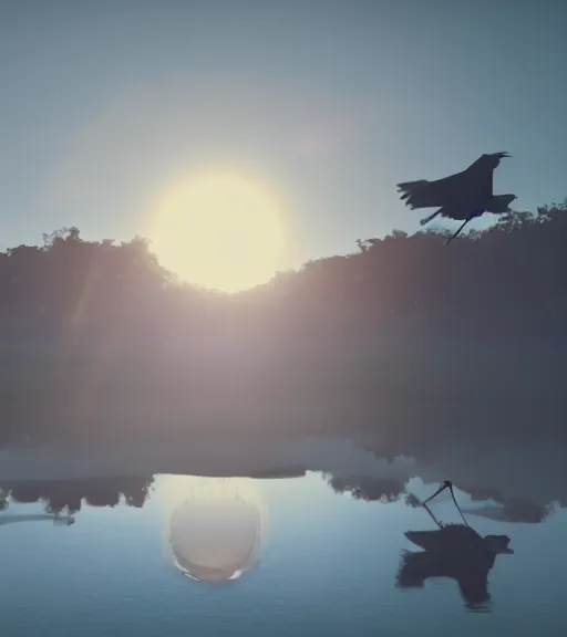 Image similar to the reflection of three crows standing in a boat in a swamp, volumetric lighting, fog, majestic light, octane render, ethereal glare of the sun, hyperrealistic, epic, masterpiece, by makoto shinkai