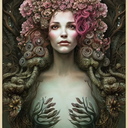 Prompt: a beautiful detailed front view portrait of a woman with ornate growing around, ornamentation, flowers, elegant, beautifully soft lit, by wayne barlowe, peter mohrbacher, kelly mckernan,