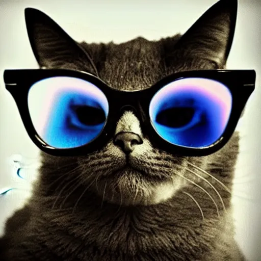 Prompt: cat wearing glasses, galaxy reflection, instagram filter