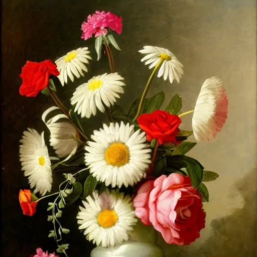 Image similar to a still life of a vase of flowers with a mix of roses daisies and lilies.