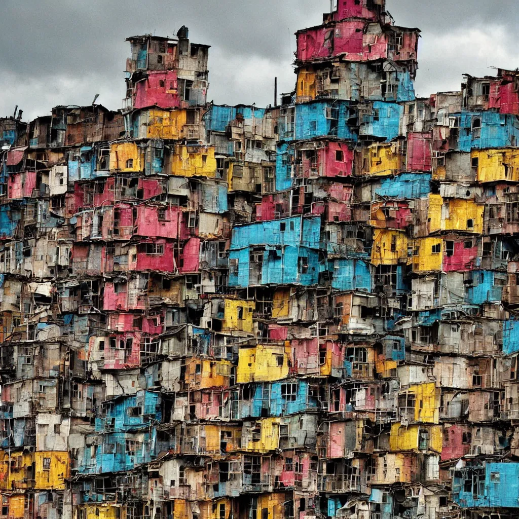 Prompt: close - up view of a tower made up of colourful makeshift squatter shacks with bleached colours, moody cloudy sky, dystopia, mamiya, fully frontal view, very detailed, photographed by bruno barbey