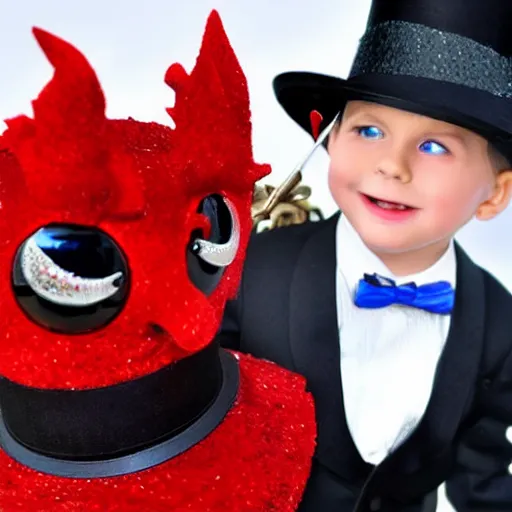 Prompt: Adorable sparkling, shiny crimson baby dragon with cute crystal clear blue eyes wearing a black top hat and a monocle