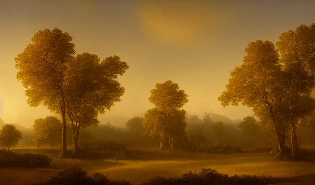 Image similar to a diamond tree forest at sunset, there is golden castle off in the distance, highly detailed landscape painting by claude lorrain but as photography, golden hour, misty ominous atmosphere