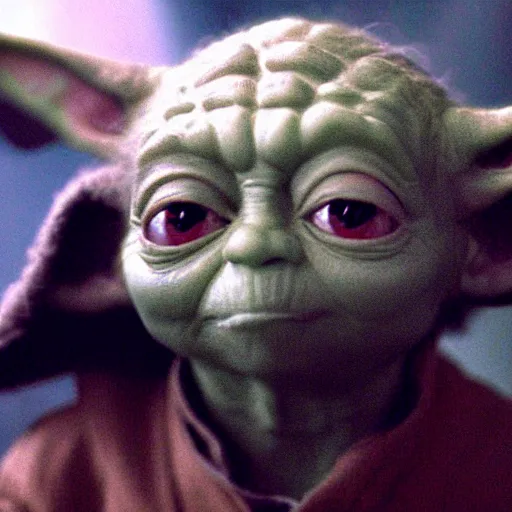 Image similar to yoda with pink eyes