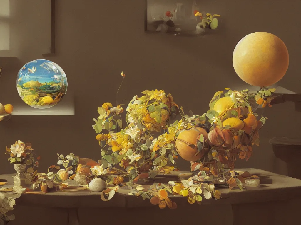 Image similar to 3 d render, sunlight study, the universe is a spheroid region 7 0 5 meters in diameter, art nouveau, by cornelis de heem and ( ( ( ( ( lisa frank ) ) ) ) ), 8 k, sharp focus, octane render