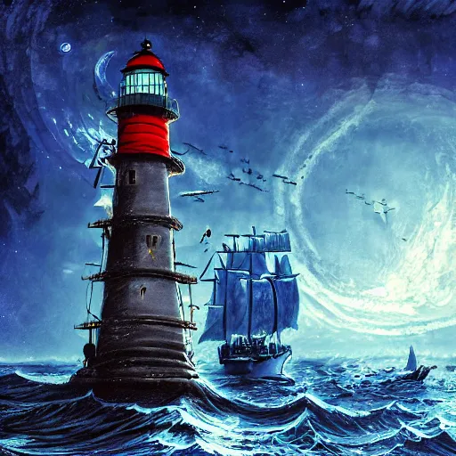 Prompt: pirates sailing the lighthouse in the middle of the galaxy , wide angle shot, diffuse lighting, fantasy, intricate, elegant, highly detailed, lifelike, photorealistic, digital painting, illustration, concept art, smooth, sharp focus, A24!film cinematography