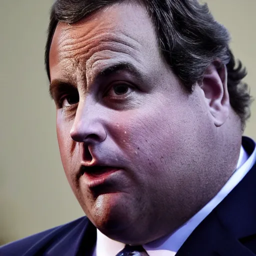 Image similar to chris christie magically transforming into a giant blueberry. ap photo. bizarre, surreal. blue skin, round, spherical, surprised expression, inflated blue balloon