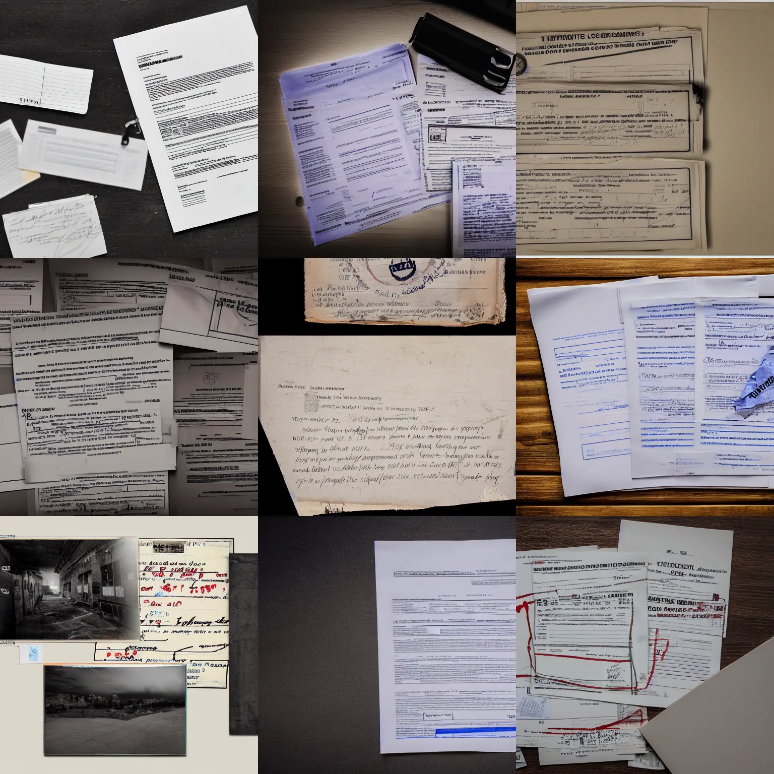 Prompt: photograph of confidential documents with some terrifying information, disturbing images, 4k, HDR