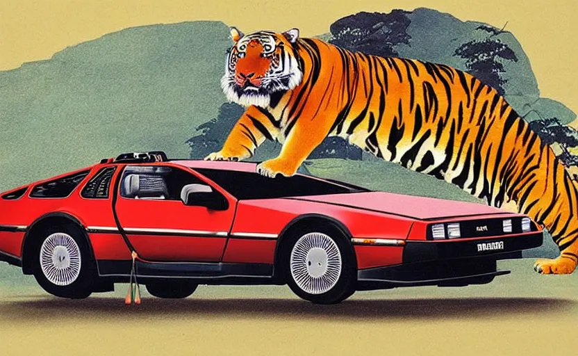 Image similar to a red delorean and a yellow tiger in ajegunle, painting by hsiao - ron cheng, utagawa kunisada & salvador dali, magazine collage style,